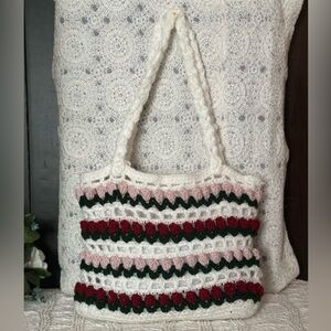Large,Crochet Tote Bag with Pink and Red tulips.